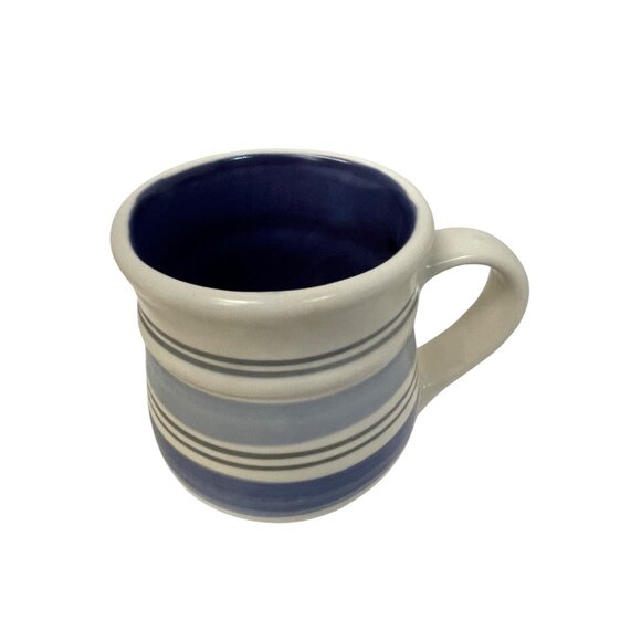 Vintage Blue & White Striped Ceramic Coffee Mug With Handle - Picture 3 of 5